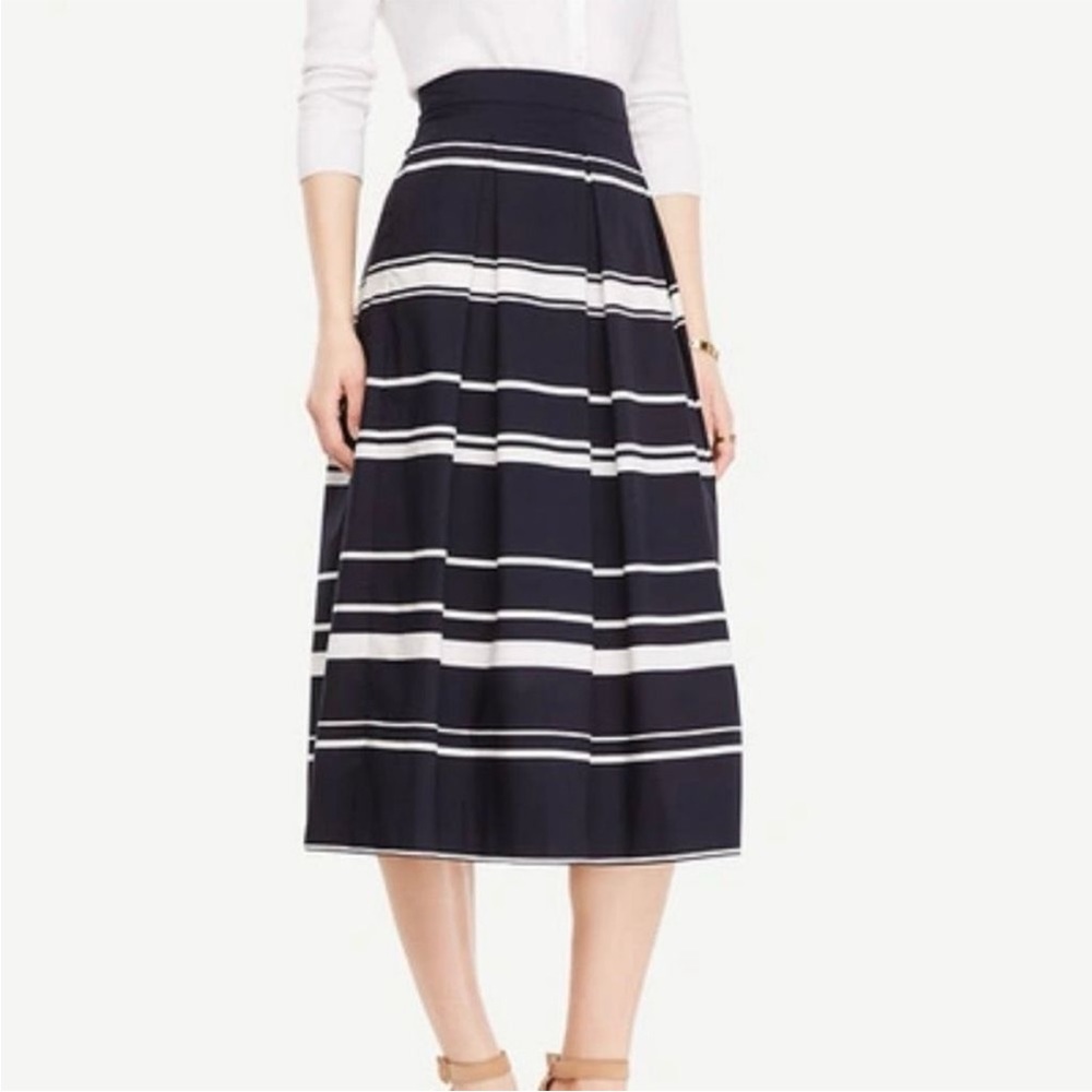 Ann Taylor Navy and White Striped A-Line Midi Skirt